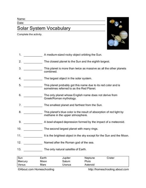 Solar System Vocabulary Worksheet For 3rd 5th Grade Lesson Planet