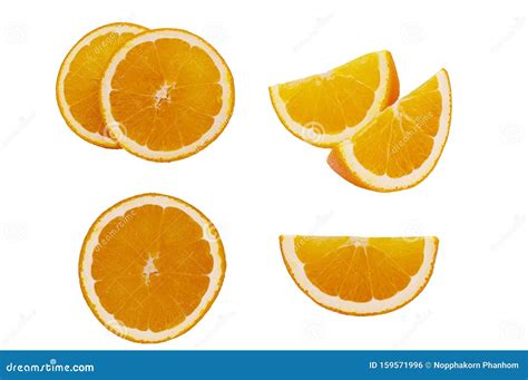 Set Of Sliced And Whole Oranges Fruits Isolated On White Background