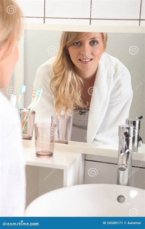 Portrait Of Blonde In Bathroom Stock Image Image Of Standing Faucet