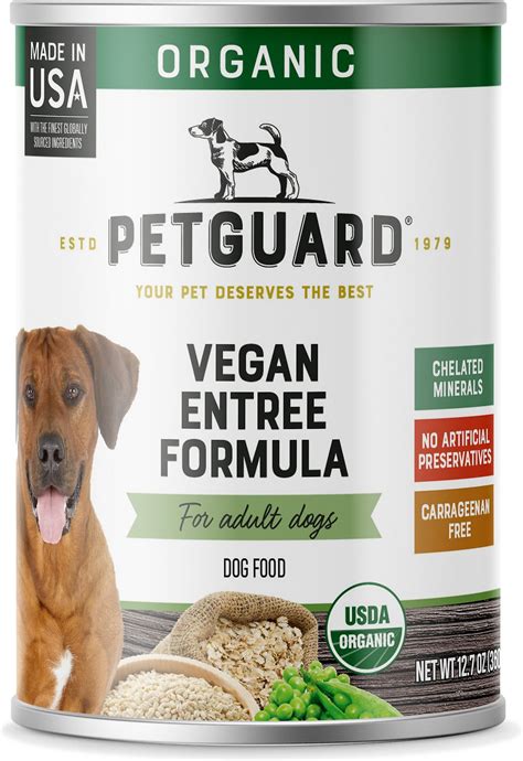 Vegetarian and vegan dog foods both lack meat. PETGUARD Organic Vegan Entree Canned Dog Food, 12.7-oz ...