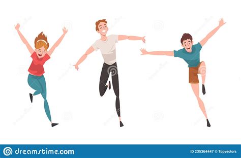 Smiling Man And Woman Running With Outstretched Arms Vector Set Stock