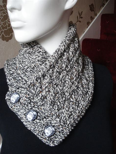 Hand Knitted Neck Warmer Collar Scarf Black And Grey With Three Large
