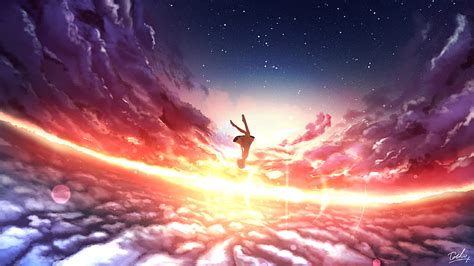Anime Original Girl Sky Starry Sky Sunset Whale Hd Wallpaper