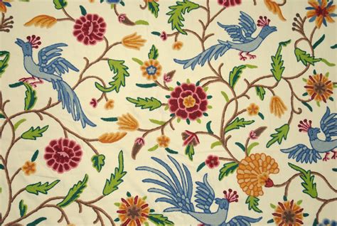 Multicolor On Cream Birds Cotton Crewel Embroidery Fabric Brd333