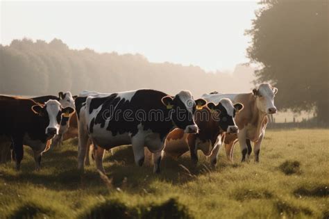 A Herd Of Cows Standing On Top Of A Lush Green Field Ai Generative