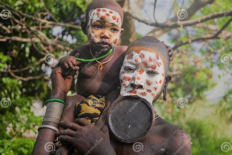 Mother And Child From The African Tribe Surma Ethiopia Editorial