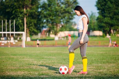 Woman Kicking Soccer Ball Stock Image Image Of Girl 141060877