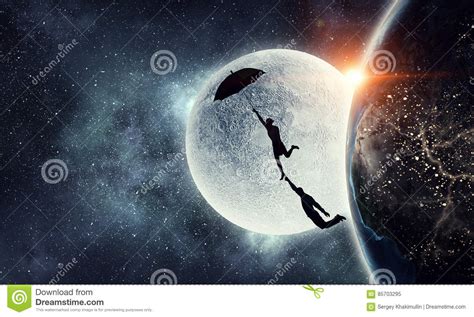 Woman Flying On Umbrella Mixed Media Stock Image Image Of Night