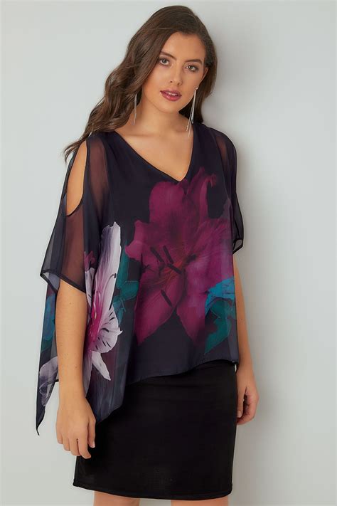 Black Cold Shoulder Double Layer Cape Dress With Floral Print Plus