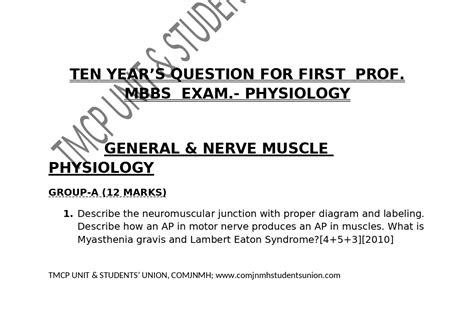 physiology important topics and previus year questions for first year mbbs
