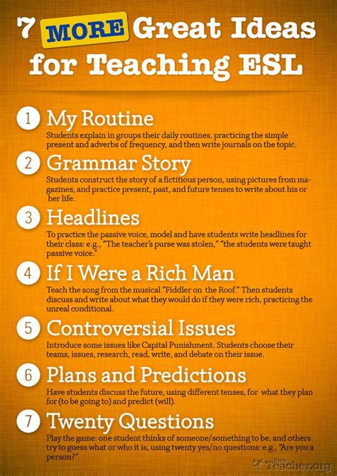 7 More Great Ideas For Teaching Esl Poster Esl Teaching Esl Lessons Teaching
