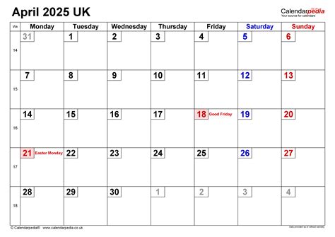 Calendar April 2025 Uk With Excel Word And Pdf Templates