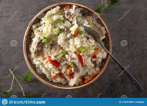 Pilaf Stew Made From Rice Chicken Meat Carrot And Onion Stock Photo