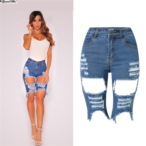 Yiquanyimei Ripped Knee Length Jean Pants Ripped Shorts Jeans For Women Hole Short Pants Jeans