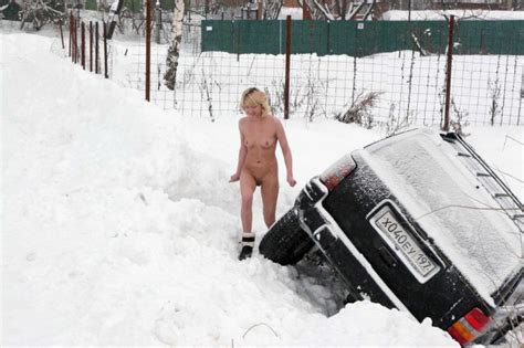 Naked Blonde Caused The Accident On The Road In The Village Russian