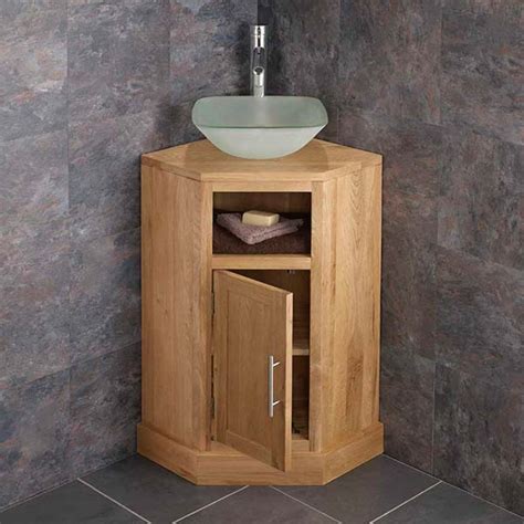 Corner Oak Vanity Unit With Square Frosted Glass Basin Plus Tap And