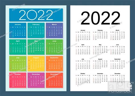 Colorful Calendar For 2022 Year Week Starts On Sunday Vertical Stock