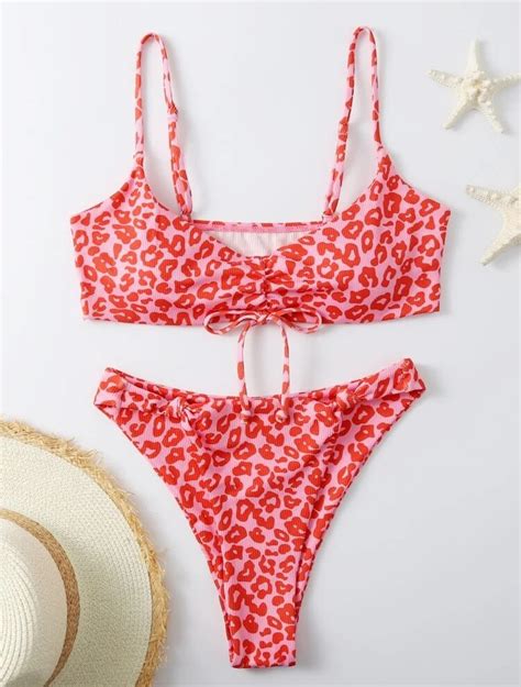 Shein Leopard Print Ruched Two Piece Bikini Swimsuit B T Promo