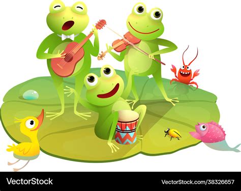 Frogs Concert Playing Musical Instruments On Pond Vector Image