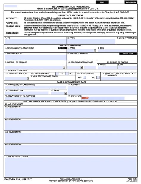 Da Form For Awards Fillable Printable Forms Free Online