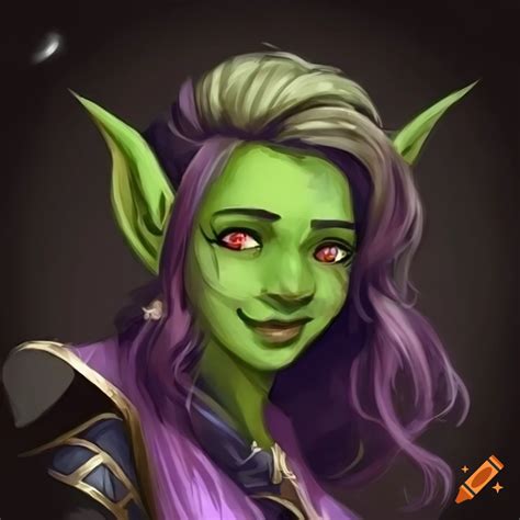Illustration Of A Cute Female Goblin Bard With Green Skin And Purple Hair On Craiyon