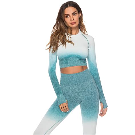 Seamless 2 Piece Set Women Fashion Suit Gym Workout Clothes Long Sleeve
