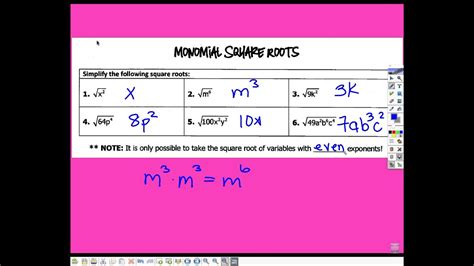 In mathematics, a square root of a number x is a number r such that r2 = x. Monomial Square Roots - YouTube