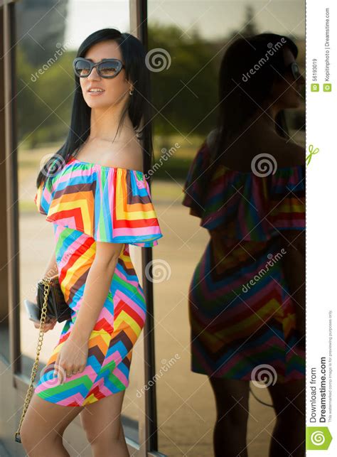 Girl In Colorful Dress And Sunglasses On The Stock Image Image Of Brunette Adult 56193019