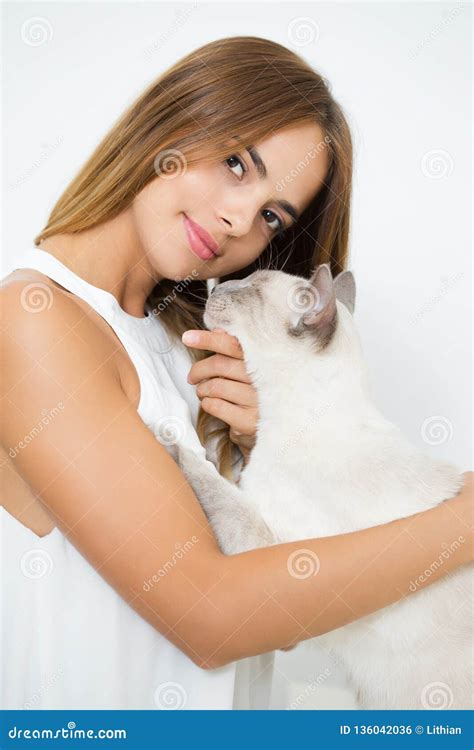 Gorgeous Brunette With Her Cat Stock Photo Image Of Care Fashionable