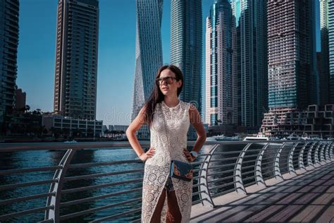 Happy Beautiful Tourist Woman In Dubai Marina Stock Image Image Of