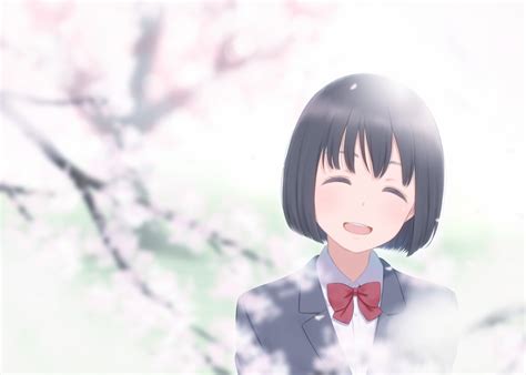 Wallpaper Smiling Short Hair School Uniform Cherry Petals Anime