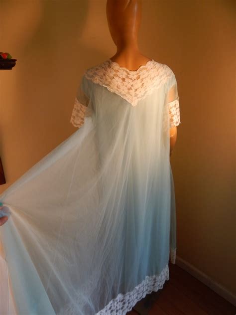 Sheer Vintage Nightgown Set Peignoir Light Blue And Gem