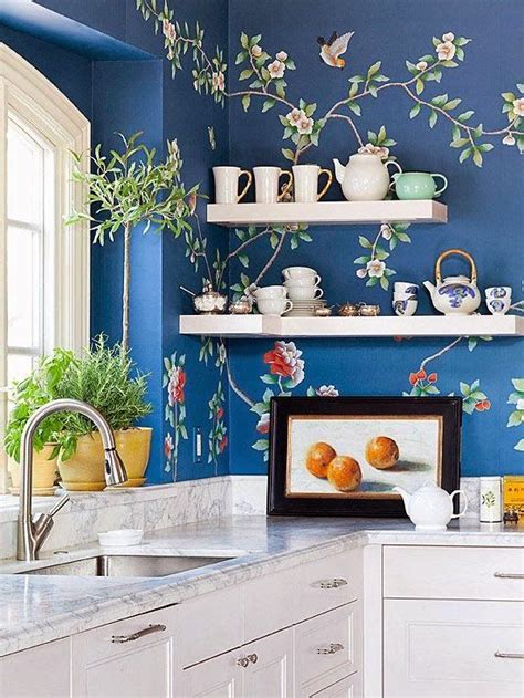 Fabulous Blue Floral Wallpaper In The Kitchen Kitchen Wallpaper Home