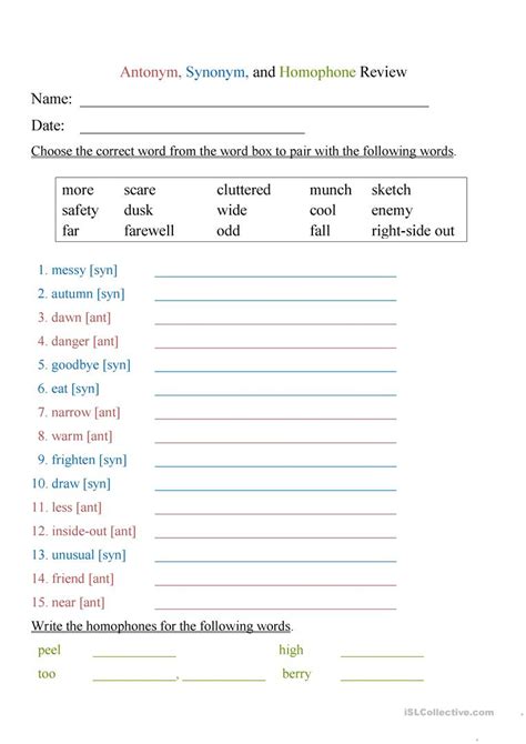 Antonyms Synonyms And Homophones Worksheet Free Esl Printable