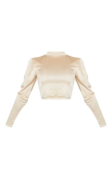 Crop Top Satiné Stretchy Nude Bouffantes Prettylittlething Fr