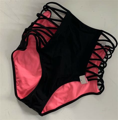 Nwt Pink Victorias Secret Black Criss Cross Strappy High Waist Bikini Bottom M Victoriassecre