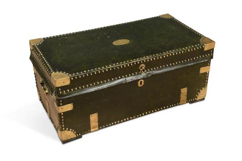 A 19th Century Brass Studded Green Leather Covered Trunk With Brass