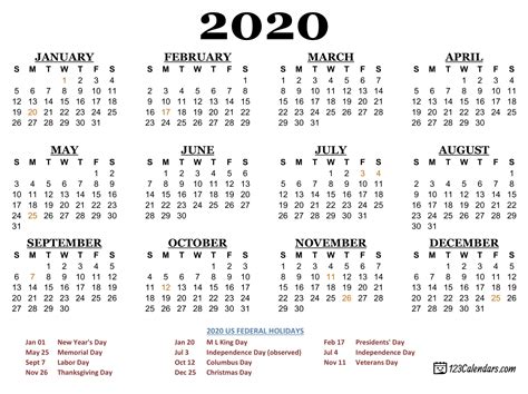 2020 Pocket Size Calendar Free