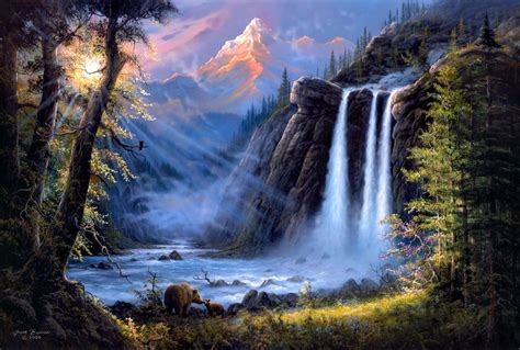 Jesse Barnes Landscape Art River Waterfall Bears Forest Mountain Hd Wallpaper