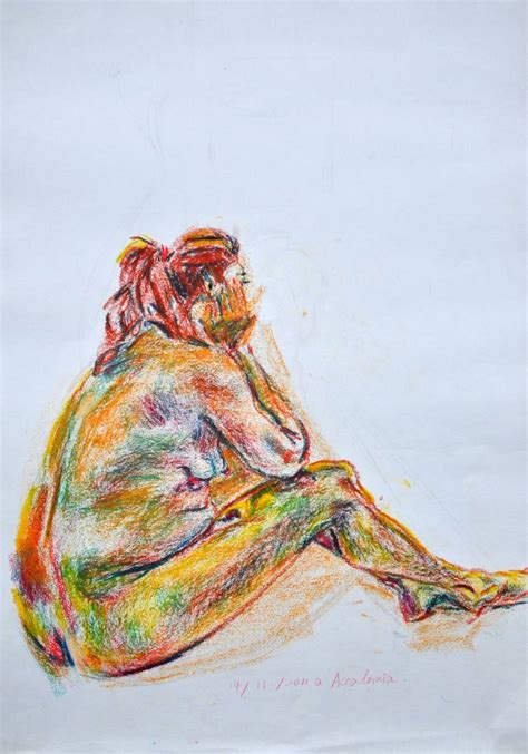 Study Drawing In Colored Oil Pastel Portrait Of A Sitting Woman