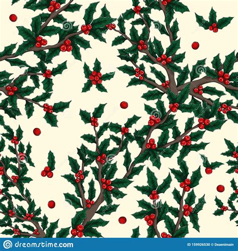 Holly Mistletoe Natural Winter Vector Christmas Seamless Pattern Stock