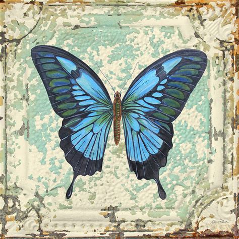 Lovely Blue Butterfly On Tin Tile Painting By Jean Plout