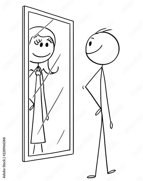 Cartoon Stick Drawing Conceptual Illustration Of Man Looking At Himself