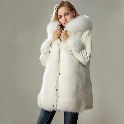 Real Fur Coat Women Winter Thick Warm Fur Parka Natural Fox Fur Trim Hood Fluffy Detachable