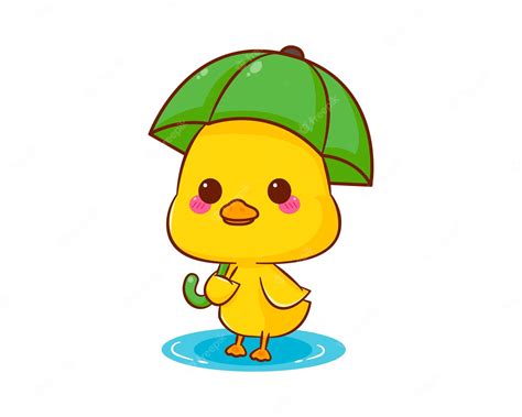Premium Vector Cute Mascot Duck With Umbrella In The Rain Cartoon