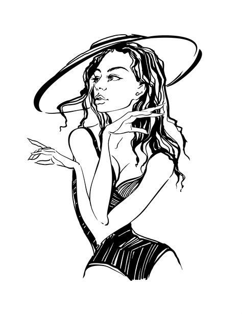 Girl Model In A Hat Sketch Beauty Style Fashion