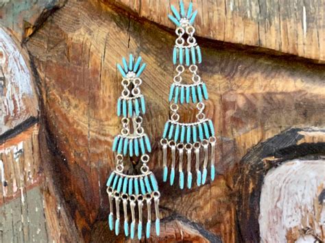 Zuni Chandelier Earrings Sterling Silver Turquoise Needlepoint