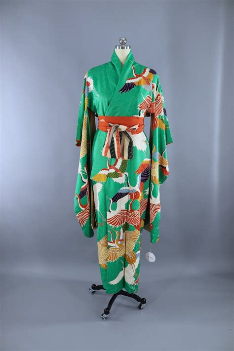 Vintage 1960s Silk Kimono Robe Furisode Bright Green Flying Crane Bi
