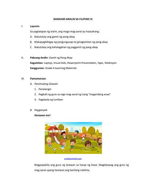 Lesson Plan Filipino Four Elementary Banghay Aralin Sa Filipino Iv I