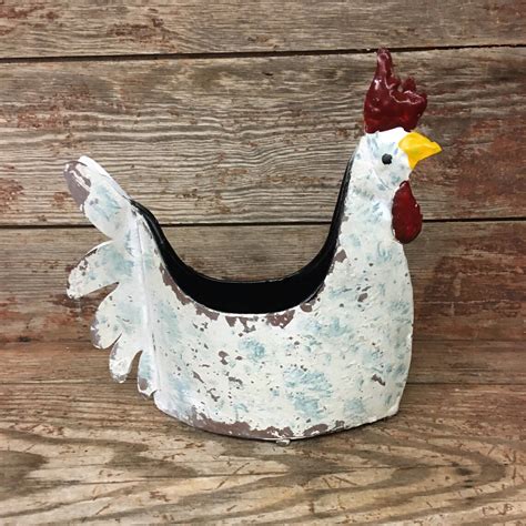 Small Hand Painted Chicken Planter Metal Hen Rooster Etsy